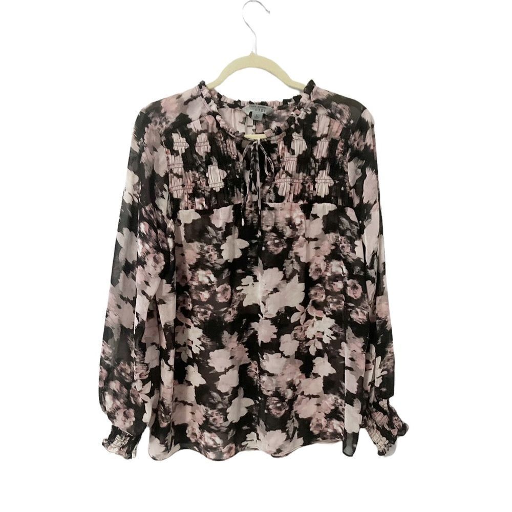 Ruff Hewn Sheer Black with Pink Floral Blouse Tie V Neck Size L